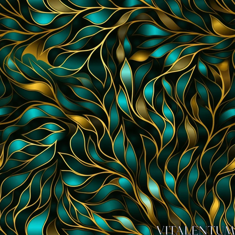 Stained Glass Leaves Pattern in Green and Blue AI Image