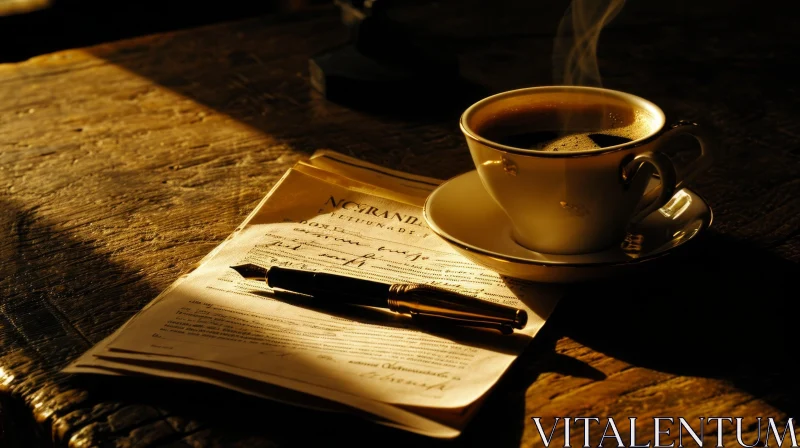 Steaming Cup of Coffee and Fountain Pen on Wooden Table - Still Life Composition AI Image