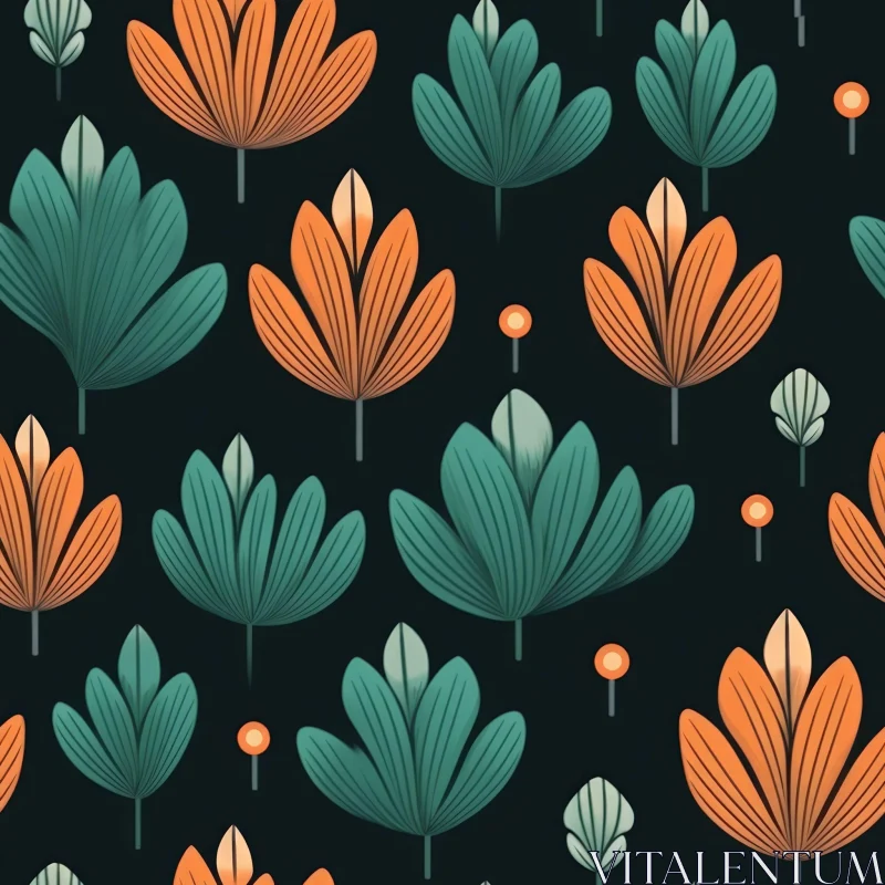 Stylized Leaves and Flowers Pattern on Dark Blue Background AI Image