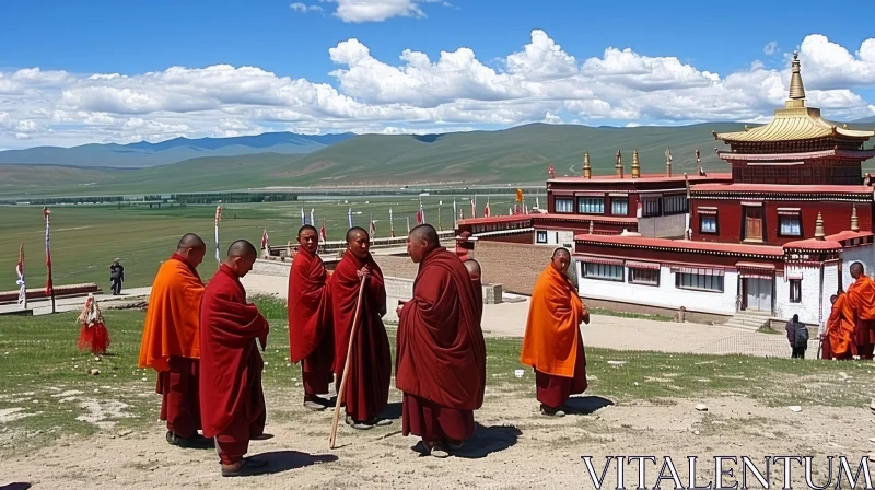 Tibetan Monks in Traditional Robes at a Buddhist Monastery AI Image