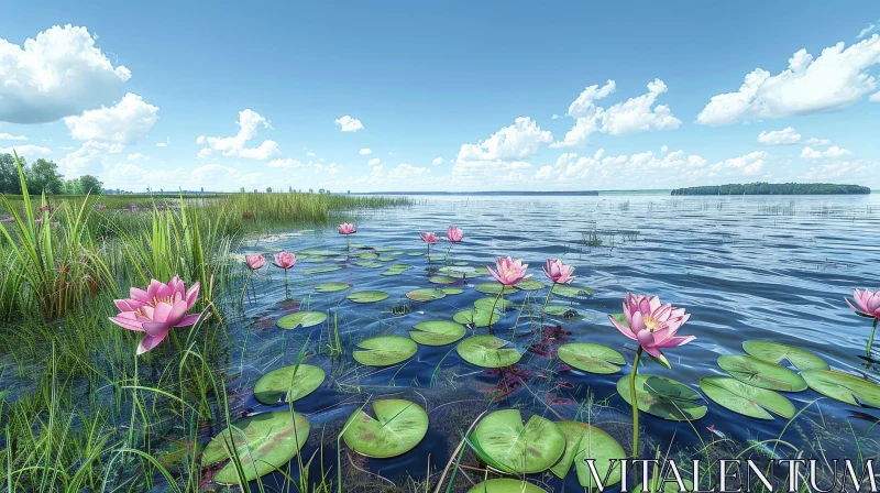 Tranquil Lake Scene with Water Lilies and Blue Sky AI Image
