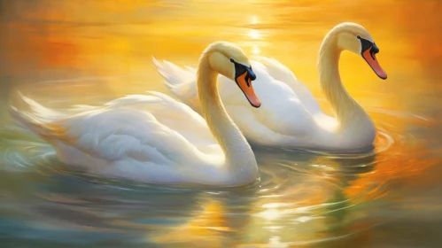 Tranquil Painting of Two White Swans on a Lake