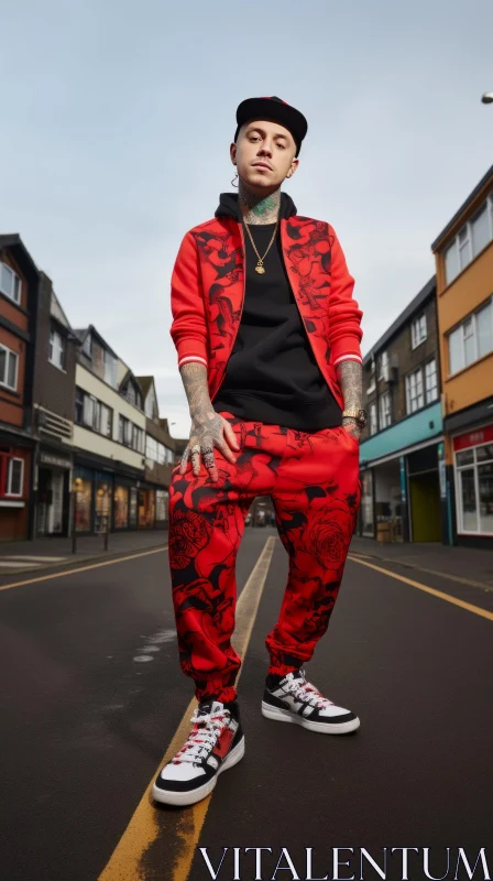 Urban Street Fashion: Man in Red Tracksuit AI Image
