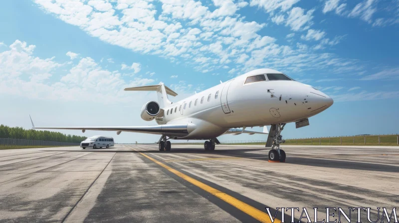White Private Jet on Runway with Van - Tranquil Scene AI Image
