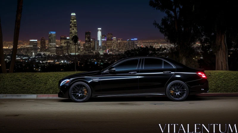 Black Mercedes-Benz C63 AMG Overlooking City at Night AI Image