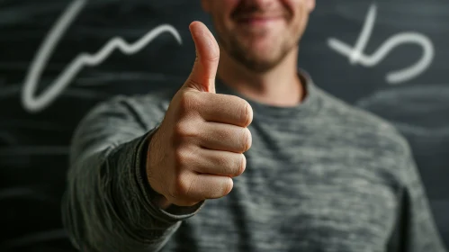 Close-up of Man's Hand Giving Thumbs-Up | Gray Sweater | Chalkboard Background