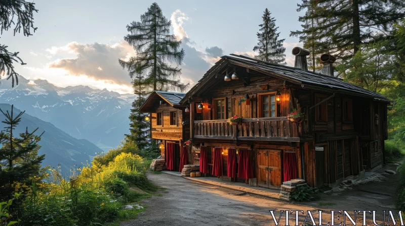 Enchanting Wooden Houses in the Majestic Mountains AI Image