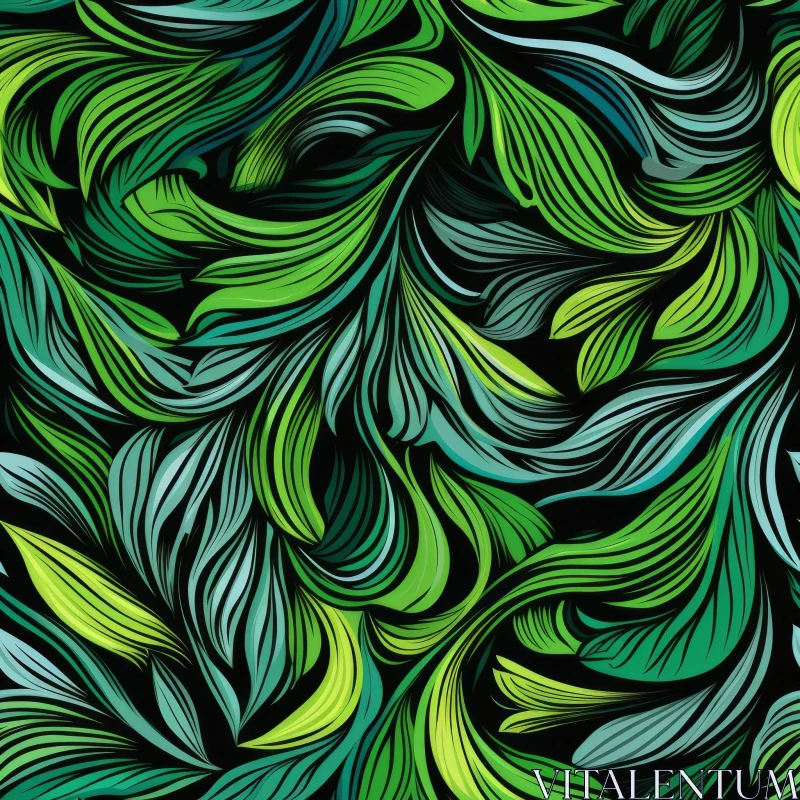 Green Leaves Pattern on Black Background AI Image