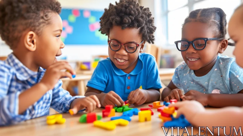 Happy and Playful Children in a Classroom | Colorful Blocks AI Image