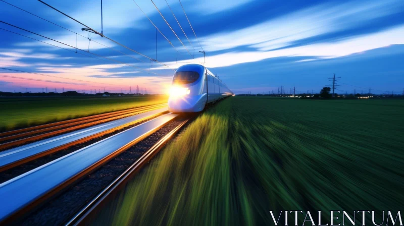 High-Speed Train Racing Through Rural Landscape at Sunset AI Image