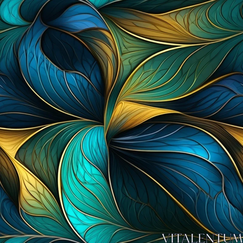 Intricate Fractal Design with Blue and Green Leaves AI Image