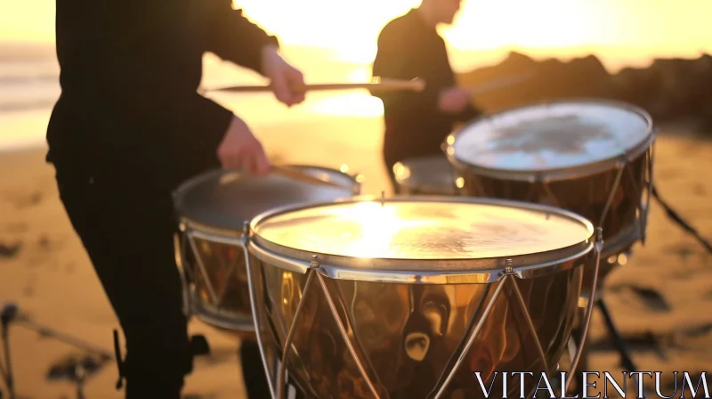 Passionate Drummer on Beach at Sunset AI Image