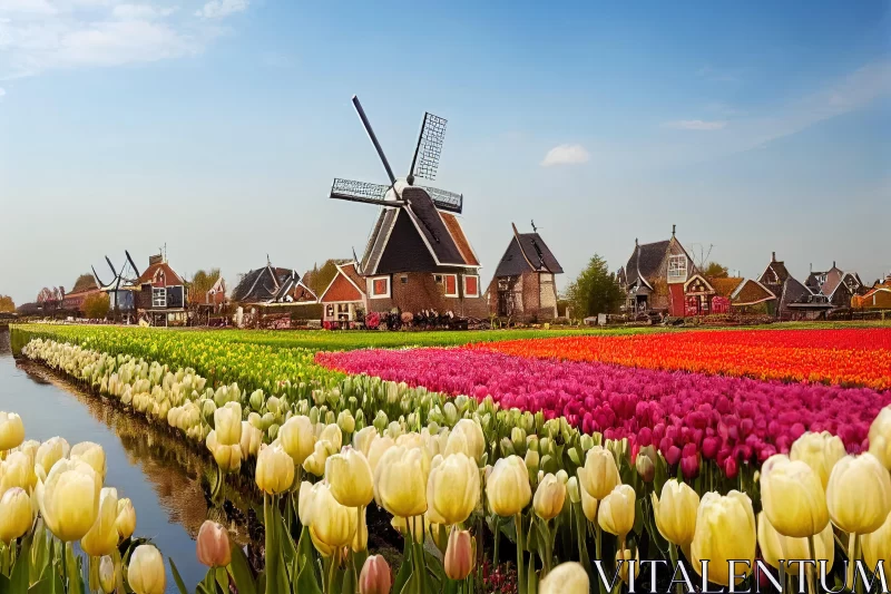 Quaint Scene of Flower Fields and Windmills in the Netherlands AI Image