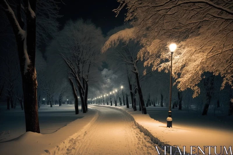 Snow-Covered Street in the Park at Night - Romantic Winter Scene AI Image