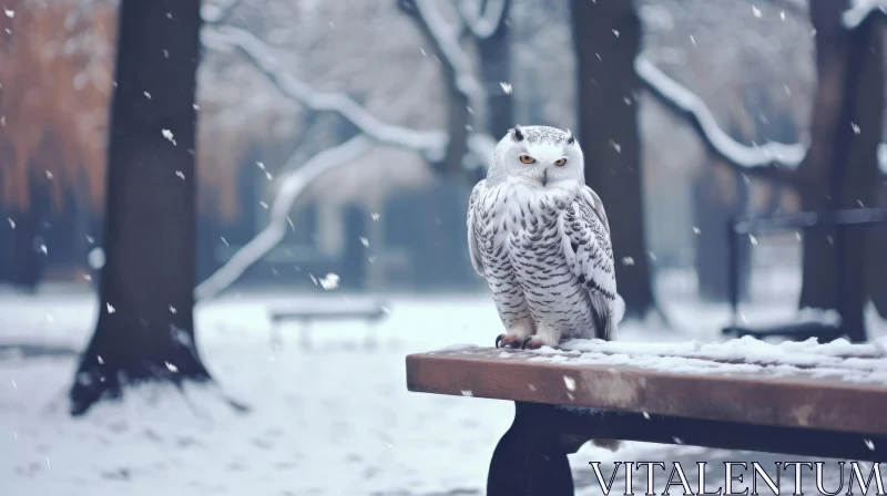 Snowy Owl on Park Bench - Majestic Wildlife Photography AI Image