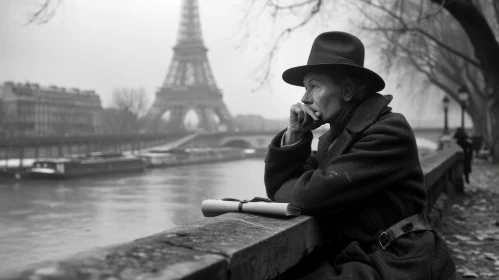 Thoughtful Elderly Woman on Paris Bridge with Eiffel Tower View