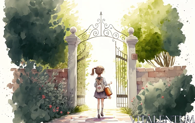 Watercolor Girl Walking Through a Garden | Schoolgirl Lifestyle AI Image