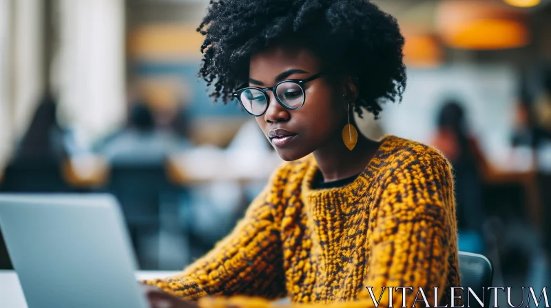 Young African-American Woman Working on Laptop in Cafe or Library AI Image