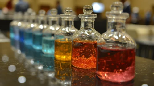 Abstract Glass Bottles: Colorful Liquids on Reflective Surface