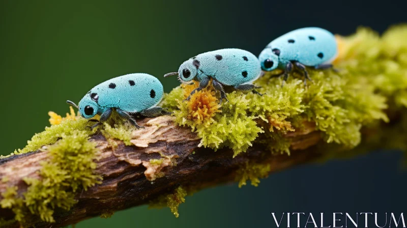 Blue Beetles on Branch - Close-up Nature Photo AI Image