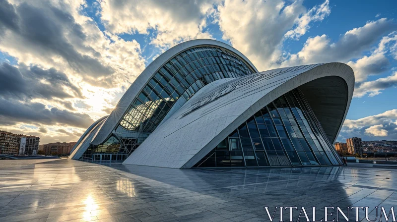 Captivating Contemporary Architecture: A Curved Glass and Metal Facade Reflecting the Sky AI Image