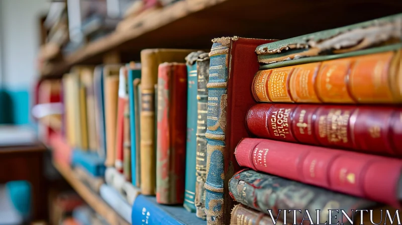 Close-up of a Haphazardly Arranged Bookshelf with Old Leather-Bound Books AI Image