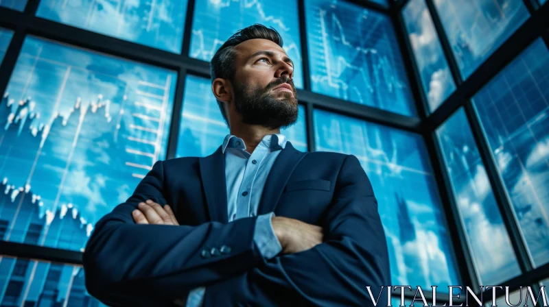 Confident Bearded Businessman in Suit Standing in Front of Video Wall with Graphs and Charts AI Image