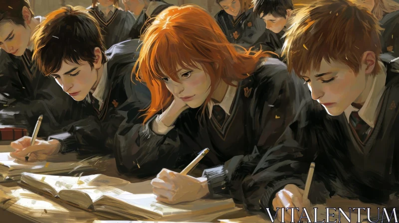 Enchanting Painting of Hogwarts Students in a Classroom AI Image