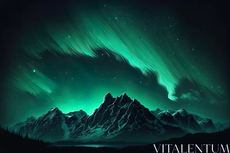 Green and Cyan Aurora Borealis over Majestic Mountains | Fantasy Art AI Image