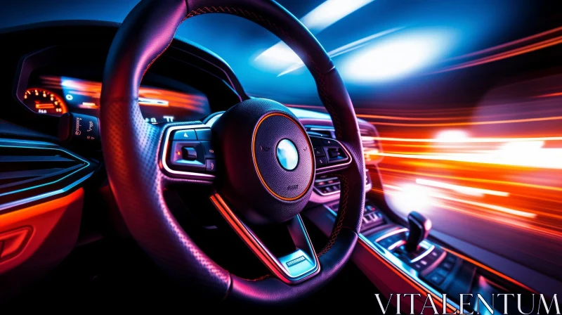Luxurious Car Interior with Black Leather Steering Wheel AI Image