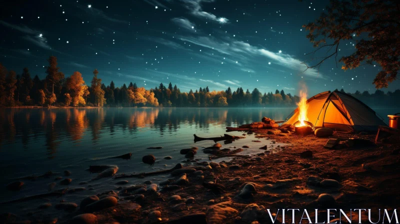 Nighttime Lakeside Campsite with Bonfire and Tent AI Image