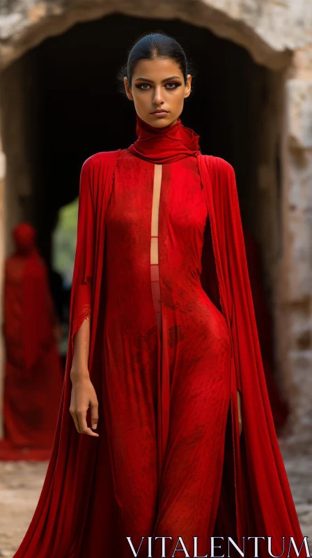 Red Dress Woman in Stone Archway AI Image