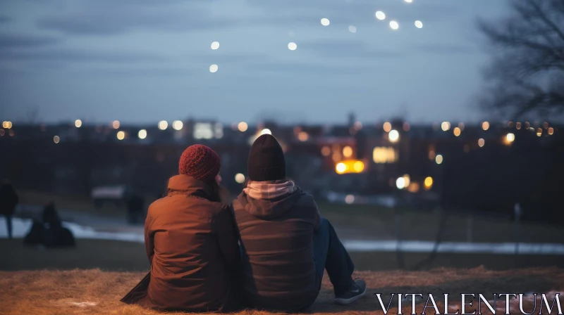Romantic Night View: Couple on Hilltop Overlooking City AI Image
