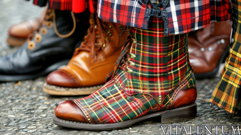 Scottish Fashion: Brown Leather Boots with Tartan Pattern AI Image