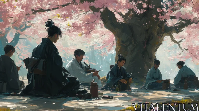 Serene Gathering Under a Cherry Blossom Tree AI Image