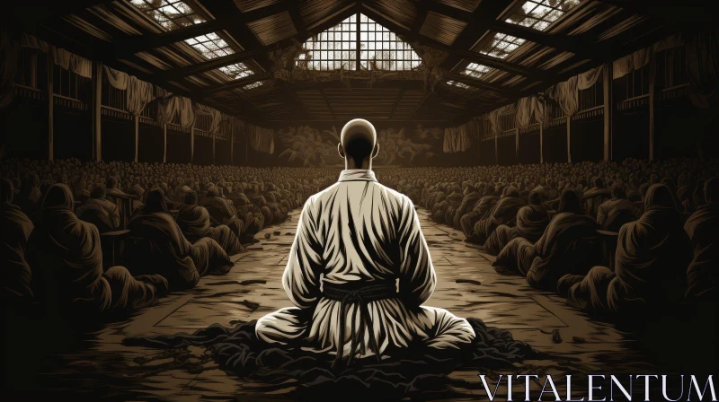 Serene Monk Meditation in Dark Room AI Image