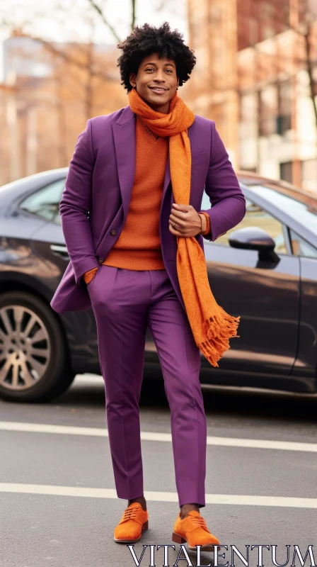 Stylish African-American Man Portrait in Purple Suit and Orange Sweater AI Image