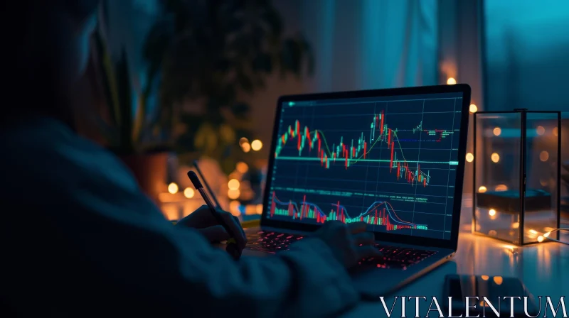 Technology and Concentration: A Captivating Scene of a Person Analyzing Candlestick Charts AI Image