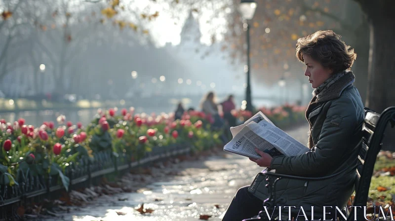 Tranquil Moment: Woman Reading Newspaper on Park Bench AI Image