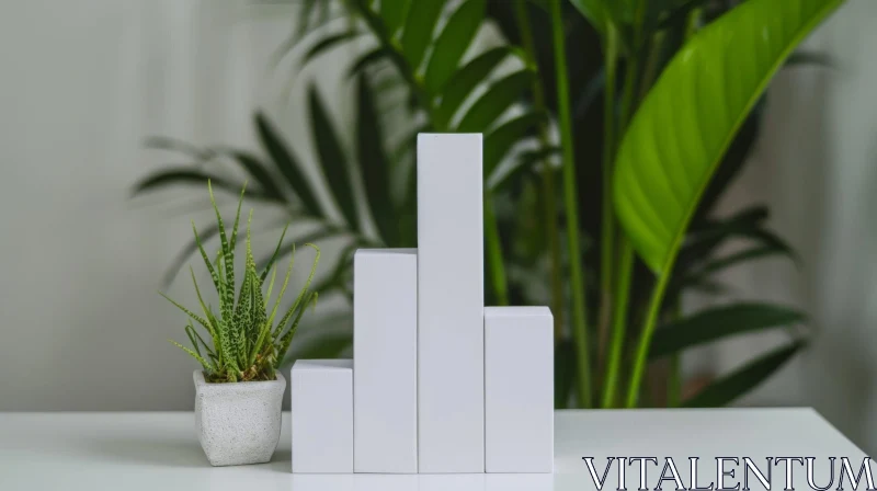 White Podium with Four Steps on Table Against Green Palm Leaves AI Image