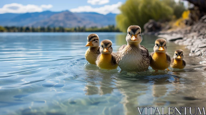 Adorable Ducklings Swimming in a Picturesque Lake AI Image