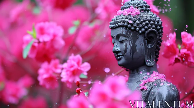 Black Stone Buddha Statue with Water Droplets and Pink Flowers AI Image