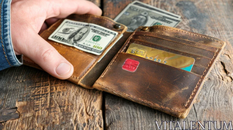 AI ART Brown Leather Wallet on Wooden Background | Dollar Bills and Credit Cards Inside