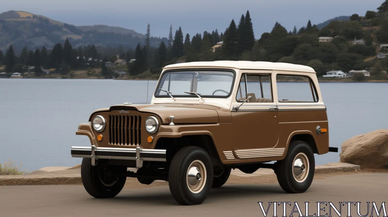 Captivating Artwork: A Beautiful Old Brown Jeep by a Serene Lake AI Image