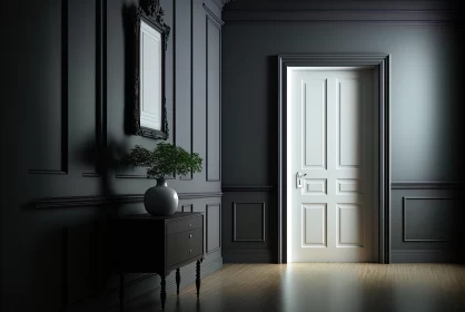 Captivating Classic Still-Life: Empty Hallway with Black Walls and White Door