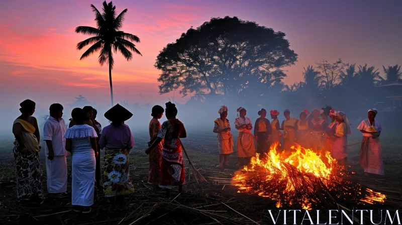 Captivating Scene: Women in Traditional Clothes Gathered Around Bonfire AI Image