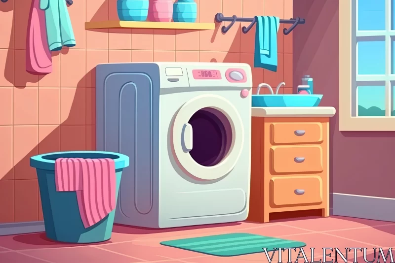 Cartoon Illustration of a Bathroom with a Washing Machine and Towels AI Image