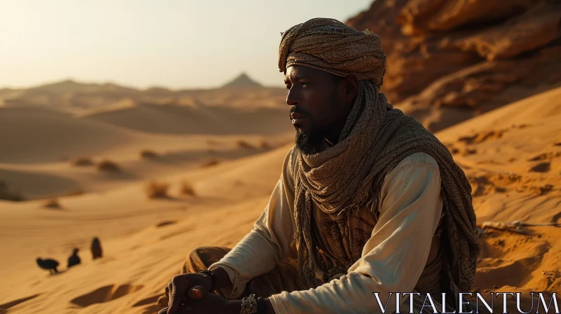 Desert Portrait: Man in Turban Against Vast Sand Dunes AI Image