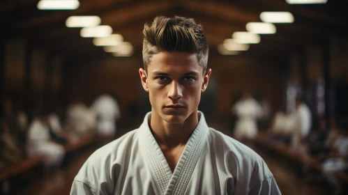 Determined Young Man in White Karate Gi Portrait