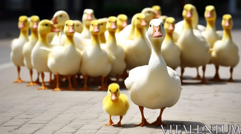 Ducks Group with Yellow Beak and Brick Wall Background AI Image